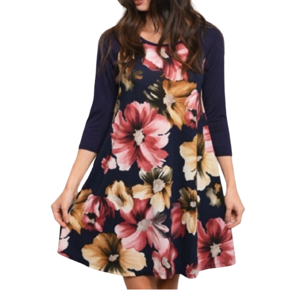 Navy Blue Floral Swing Dress